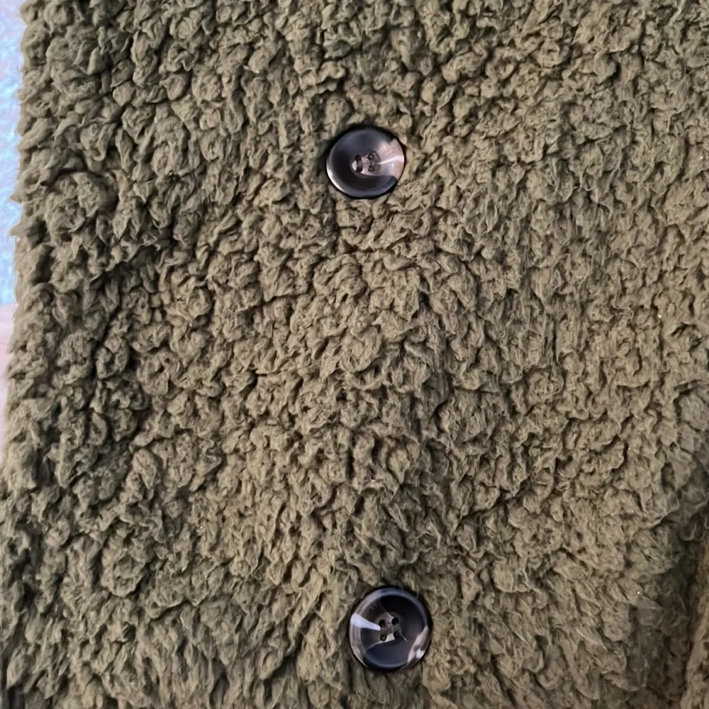 Olive green fuzzy jacket - Fleece Open Front Casual Coat with Pockets size large - Picture 6 of 8